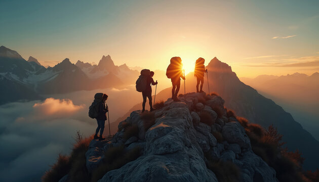 Team conquers mountain peak at sunset. Hikers with backpacks, trekking poles enjoy freedom, adventure, breathtaking mountain ridge landscape. Reaching summit on hike, overcoming challenges, teamwork,
