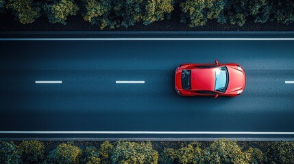 Red car driving on asphalt road, aerial view.