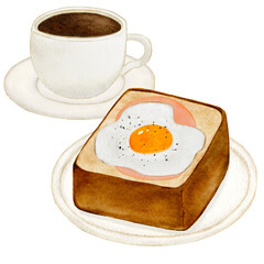 水彩で描いた目玉焼きハムトースト　食パン　コーヒー
