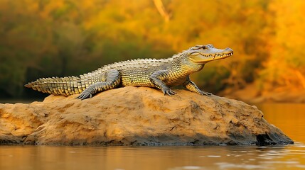 Fototapeta premium Alligator basking on rock riverbank, golden background, wildlife portrait, nature photography