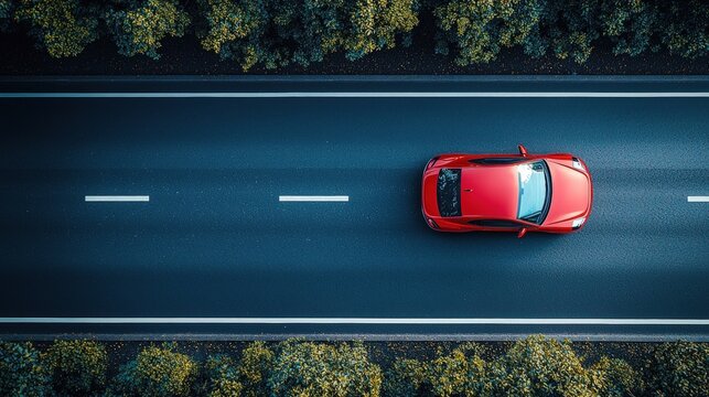 Red car driving on asphalt road, aerial view.