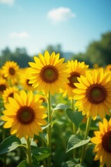 Obraz premium Close-up of multi-hued sunflowers in a sunlit meadow, photography, bloom, light