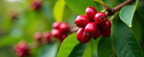Close up of vibrant red coffee cherries on a coffee tree , coffee plant, farm, plantation