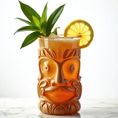 Tropical tiki cocktail garnished with green leaves, lemon slice served in tiki-style glass. Refreshing summer rum based alcoholic beverage concept for party, aloha vacation, exotic island beach bar.