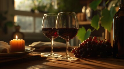 Naklejka premium Romantic setting with two glasses of red wine beside a candle, grapes, and a rustic table in a cozy kitchen