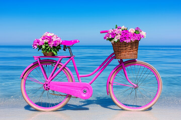pink bicycle on the beach with flowers in the baskets 