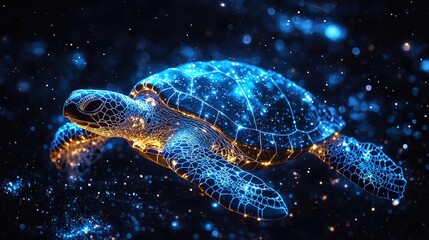 Glowing digital turtle in dark space.