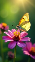 Delicate butterfly perched on vibrant wildflower, sunlight dappled petals, garden, nature, delicate