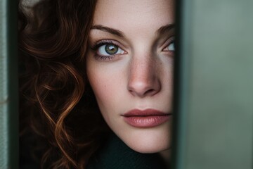 Close-up portrait of a person with light hazel eyes and curly reddish-brown hair