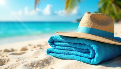 Obraz premium Folded blue towel, wide-brimmed hat, sunny beach scene, resort, beach, accessory
