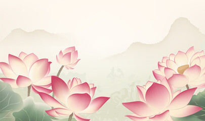 Chinese style horizontal plate illustrations of lotus and ink landscape