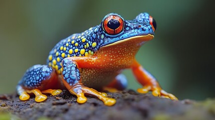 Obraz premium Blue and orange frog on log. Close-up of colorful tropical frog with striking patterns. Stunning wildlife photography celebrating biodiversity. World Frog Day awareness