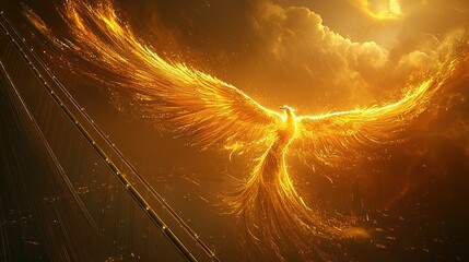 A golden phoenix spreads its glowing wings in the sky