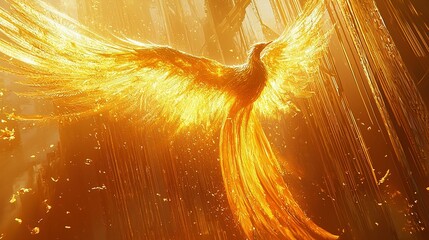 Naklejka premium A Majestic Golden Bird Displaying Its Wings Against A Glowing Backdrop