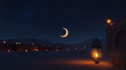 Naklejka premium Serene Desert Night with Lanterns and Crescent Moon (1)