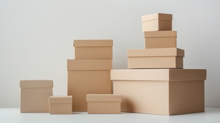 Set of eco-friendly cardboard boxes, different sizes, neatly stacked, minimalistic kraft paper texture, clean light background, branding, sustainable packaging, carton, shipping, cargo, packaging