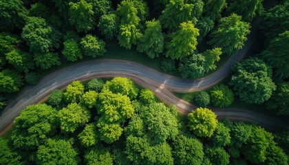 Aerial top view of road curves in green forest. Ecosystem, healthy environment. Dirt road or mud road and rainforest. Pathway in nature and healthy environment, forest ecology.