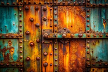 Macro Detail of Rusty Metal Hangar Door, Industrial Warehouse Texture