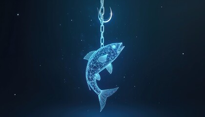 Illustration of glowing cybernetic fish on hook. Polygonal wireframe visual design on dark blue background. Concept for digital age phishing, cyber security, financial crime, scam, fraud.