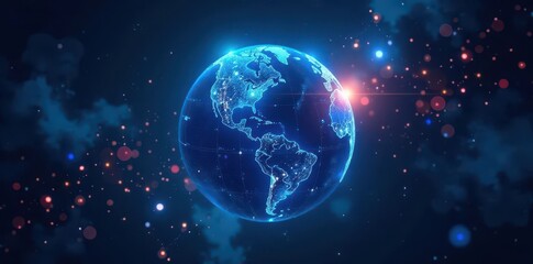 Obraz premium Futuristic globe, vibrant blue digital streams, data points , abstract background, futuristic