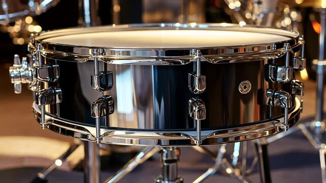 Shiny black snare drum in a drum studio