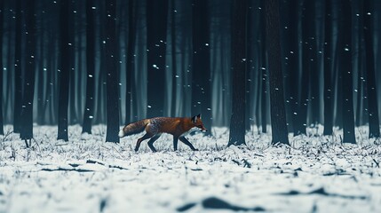 Fox walking through a snowy forest with falling snowflakes and trees in the background