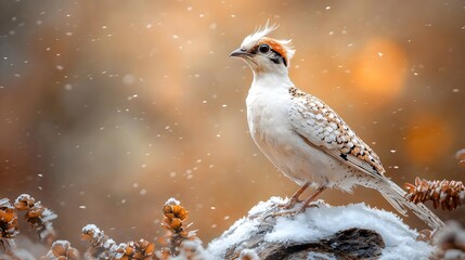 A ptarmigan standing on a snow covered rock its white feathers providing perfect camouflage against the wintry backdrop  This image showcases the bird s natural adaptation to its alpine environment