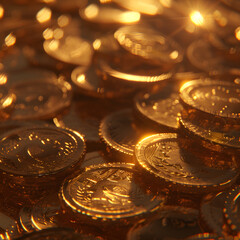 Gold Coins Close-Up: Shiny Metallic Wealth for Investment, Savings & Luxury in Finance Economy