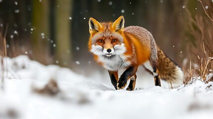 Obraz premium Red fox walking in snow with falling snowflakes in winter forest for wildlife content