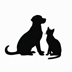 Black silhouette of cat, dog sit side by side on transparent background. Simple design. Friendship between kitten, puppy. Veterinary clinic, pet shop logo, illustration. Domestic animals. Black,