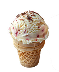 Trio of Ice Cream Cones with Strawberry Vanilla and Chocolate Scoops on a White Background 