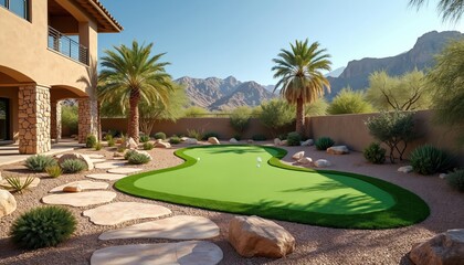 Backyard desert landscape with artificial putting green, palm trees. Recreational oasis area features design with sand, rocks, succulent plants, green turf for golfing, practice, relaxation. Sunny