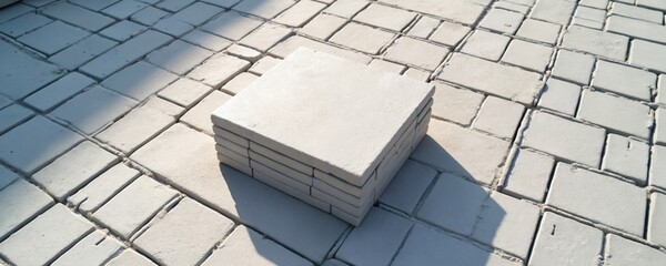 Stack of paving stone blocks, construction site. Grey concrete cement paving slabs pile, prepared for laying on the ground. Sand base. City improvement architecture, building materials.
