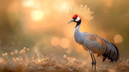 Fototapeta premium Majestic crowned crane stands tall and elegant in the sunlit savanna its ornate golden feathered crown glowing in the warm dramatic light