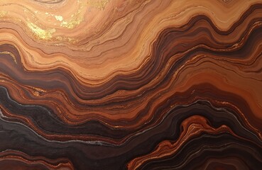 Fototapeta premium Abstract fluid art background in dark brown, bronze colors resembles liquid marble. Acrylic painting features umber gradient with glistering wavy lines, creating marbled ink effect for unique texture.