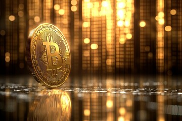 Obraz premium A gold digital currency coin reflected on a shiny surface