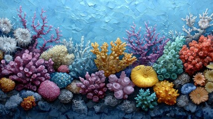 Colorful Coral Reef Underwater Scene with Textured Blue Background