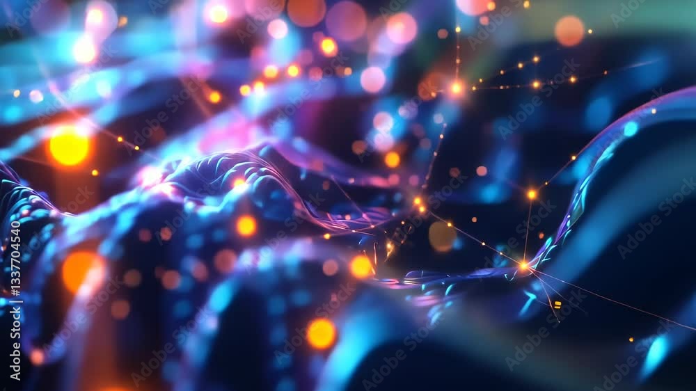 Poster exploring vibrant abstract patterns on a dark background with luminous dots and swirling shapes