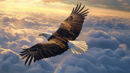 eagle flying above the clouds with sunlight and rainbow view