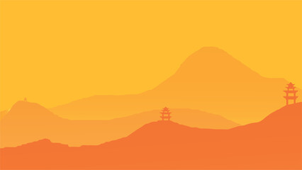 Fototapeta premium Minimalist Orange Mountain with Temple Landscape – Sunset Nature Illustration