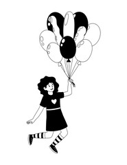 Girl happily holds colorful balloons while jumping in the air in a cheerful atmosphere