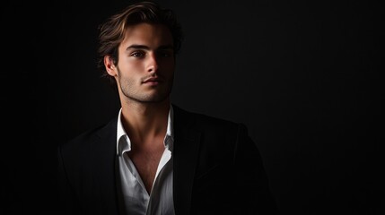 Fototapeta premium Stylish man in dark suit against black backdrop