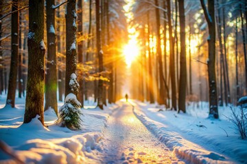 Fototapeta premium Magical Snowy Forest Path: Sunlight Dappled Winter Wonderland