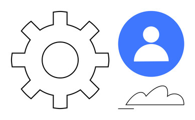 Large gear representing configuration, user avatar in blue circle symbolizing identity, and cloud for storage or innovation. Ideal for technology, personalization, cloud computing, user interface