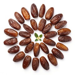 Obraz premium Dried Dates Arranged in a Circular Pattern with Green Leaves and Flower on White Background