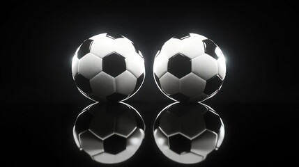 Naklejka premium Two soccer balls reflecting in a dark environment, highlighting their design and texture for sports-themed visuals
