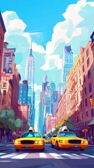 Cityscape view of a bustling New York street, featuring yellow taxis, towering buildings, and vibrant colors