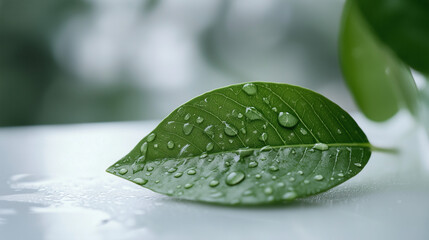 Fresh green leaf with dewdrops symbolizes health and renewal, set against a serene forest backdrop, evoking hope and vitality.