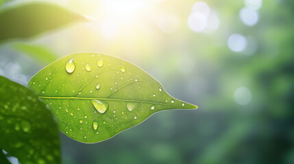 Fresh green leaf with dewdrops symbolizes health and renewal, set against a serene forest backdrop, evoking hope and vitality.