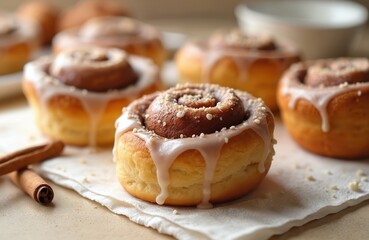 Delicious cinnamon rolls with frosting glaze on table. Fresh pastry dessert for breakfast, brunch. Homemade baked sweet buns with aroma spices. Food photography for restaurant menu or bakery website.